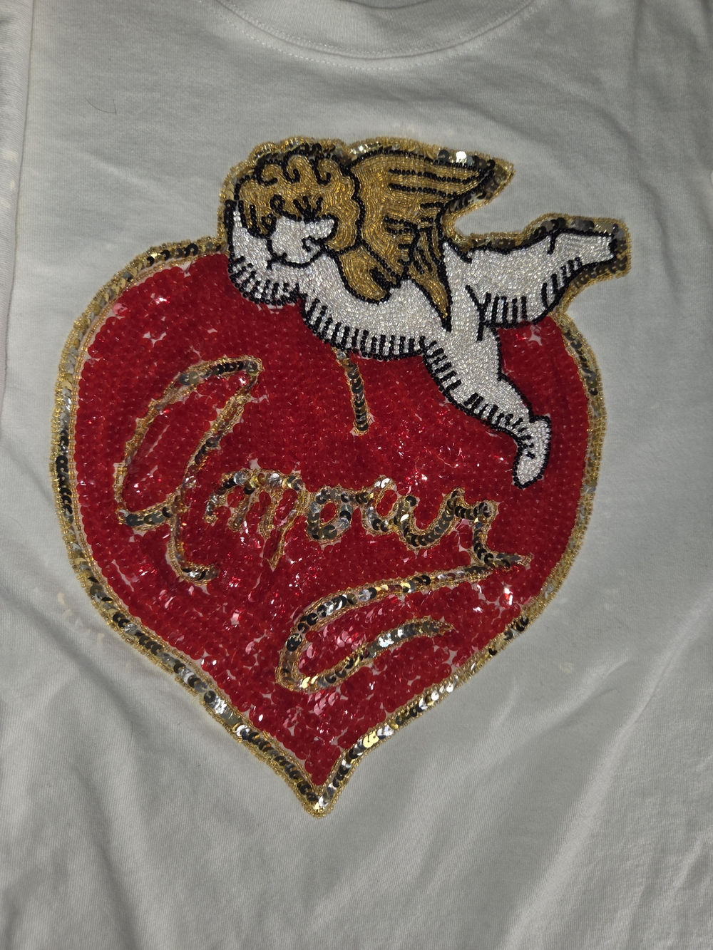 Sequin Heart & Cherub Graphic Tee - White with Red & Gold